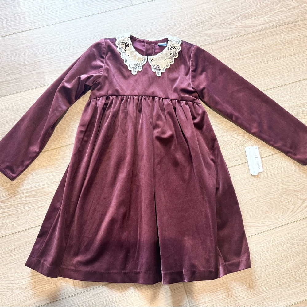 Edgehill Collection Burgundy Velvet Dress with Lace Collar